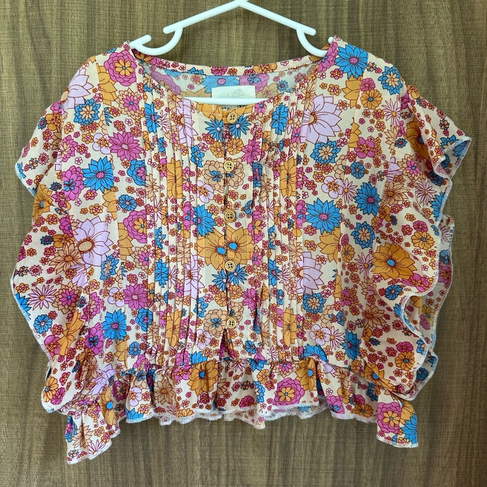 Vignette girls retro floral pleated buttonup flutter blouse